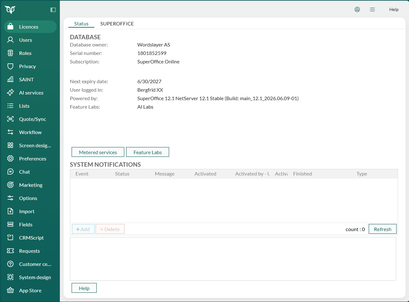 Status tab showing database information and Metered services button for a module-based subscription -screenshot