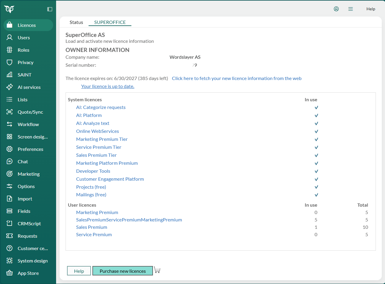 SuperOffice tab showing system licences and user licences for a module-based subscription -screenshot