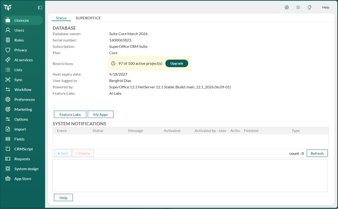 Status tab showing a plan limit warning with an Upgrade button for a CRM Suite subscription -screenshot