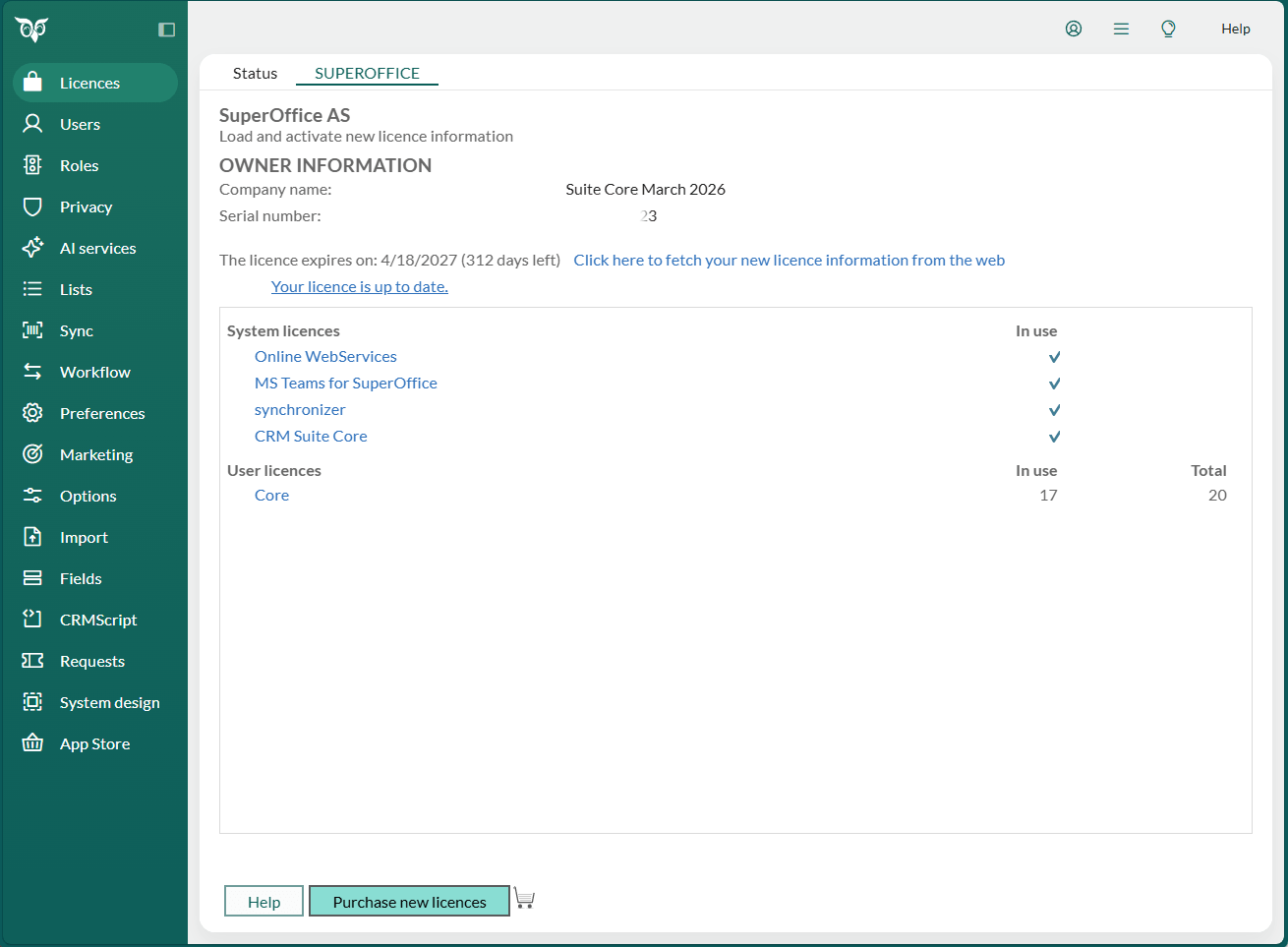 SuperOffice tab showing system licences and Core user licences for a CRM Suite subscription -screenshot