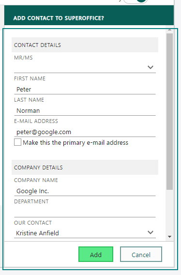 Du kan legge til en ny person i SuperOffice CRM fra sidepanelet -screenshot