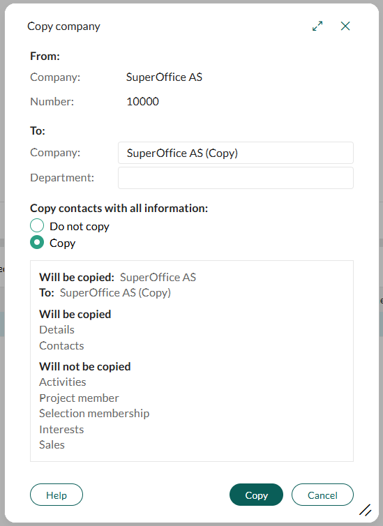 Dialogboksen Kopiér firma viser muligheder for at navngive det nye firma, tilføje en afdeling og vælge, om personer skal kopieres. -screenshot