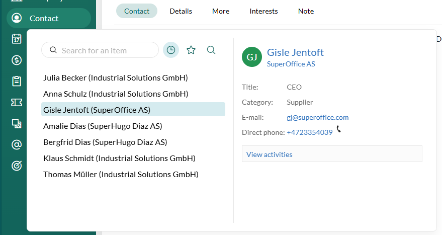 Navigatoropties in SuperOffice -screenshot
