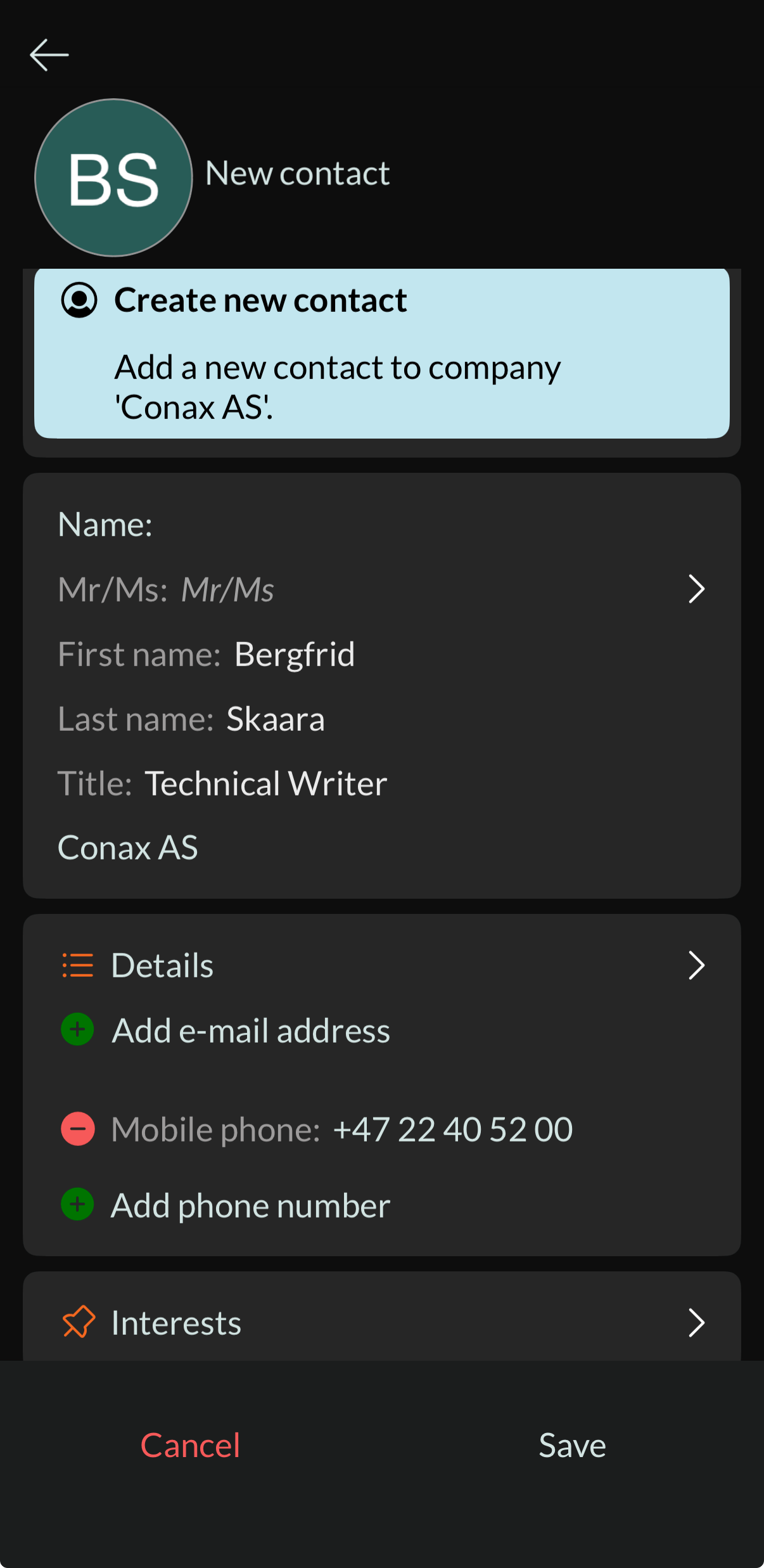 Mobile CRM: New contact -app-screen
