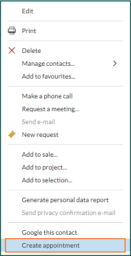 Run a custom task on Contact to Create appointment -screenshot