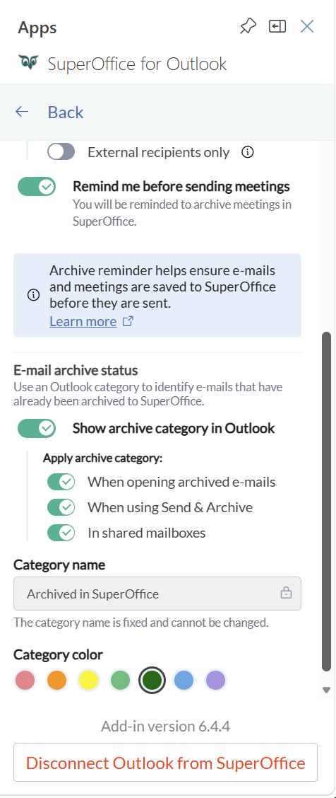 SuperOffice for Outlook settings for the category -app-screen