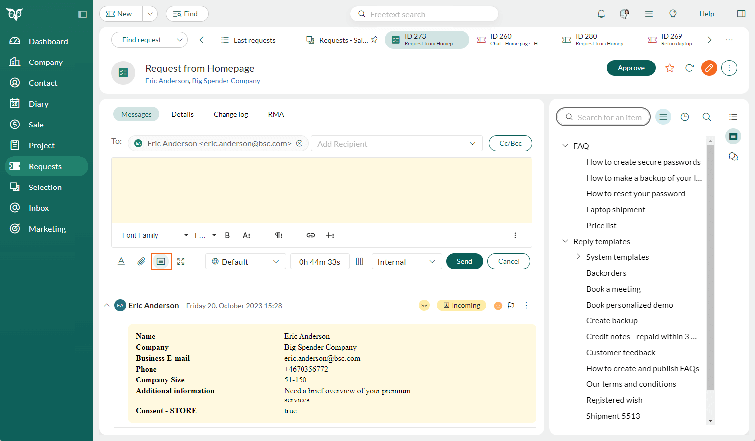 Click the FAQ/Reply template to get the overview of content in the request properties side bar -screenshot