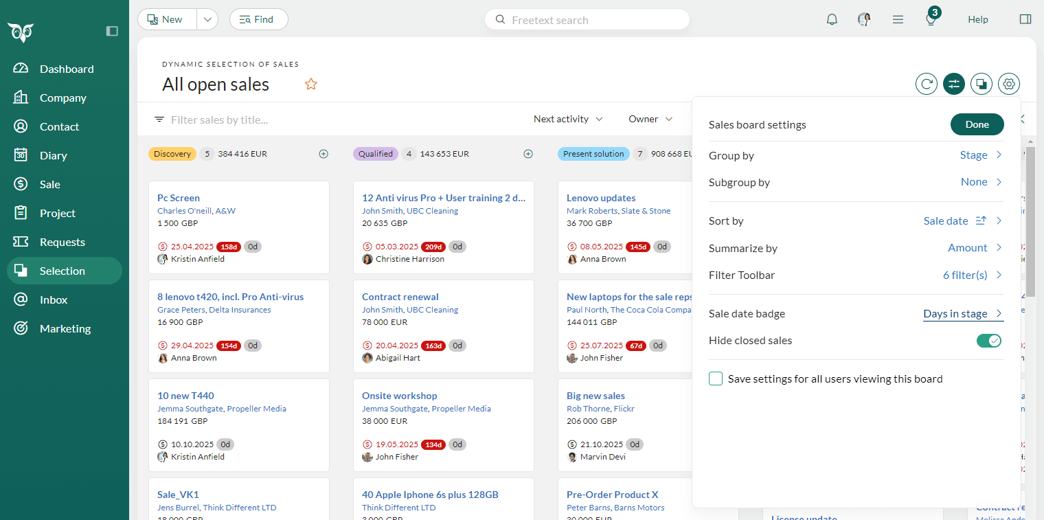 Board view showing request in a visual pipeline -screenshot